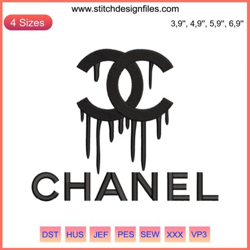 Embroidery design featuring a dripping Chanel logo, high-quality machine embroidery file, perfect for fashion branding projects.