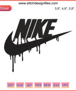 Nike logo with vibrant paint drip embroidery design, digital file, Nike brand style, unique artistic logo embroidery.