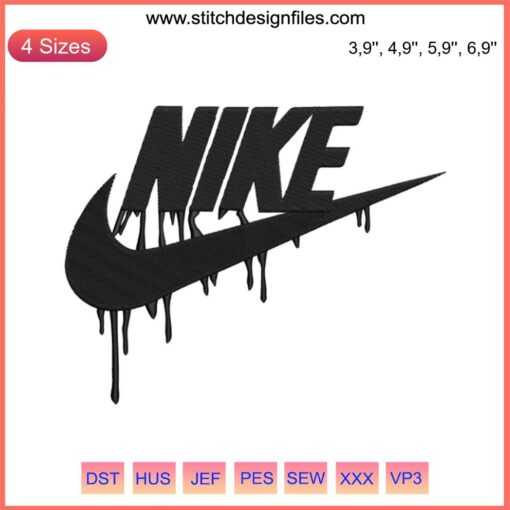 Nike logo with vibrant paint drip embroidery design, digital file, Nike brand style, unique artistic logo embroidery.