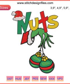 Grinch hand embroidery on breasts, funny Christmas design, chest nuts theme, humorous festive digital product.