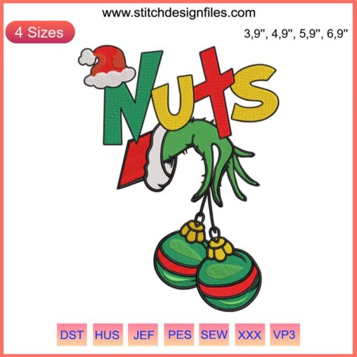 Grinch hand embroidery on breasts, funny Christmas design, chest nuts theme, humorous festive digital product.