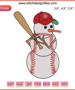 Festive baseball snowman embroidery design featuring cute sports elements, perfect for Christmas crafts and sewing projects.