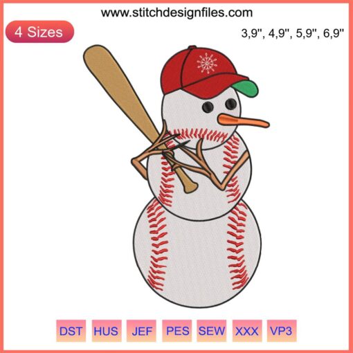 Festive baseball snowman embroidery design featuring cute sports elements, perfect for Christmas crafts and sewing projects.