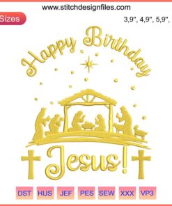 "Happy Birthday Jesus Embroidery: Merry Christmas Christian Design with festive colors, featuring cross and nativity elements."
