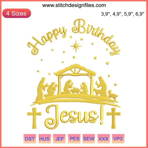 "Happy Birthday Jesus Embroidery: Merry Christmas Christian Design with festive colors, featuring cross and nativity elements."