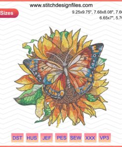 Sunflower Butterfly Embroidery Design, 5 Size Options, Instant Download - Vibrant floral pattern with butterfly, digital embroidery file.
