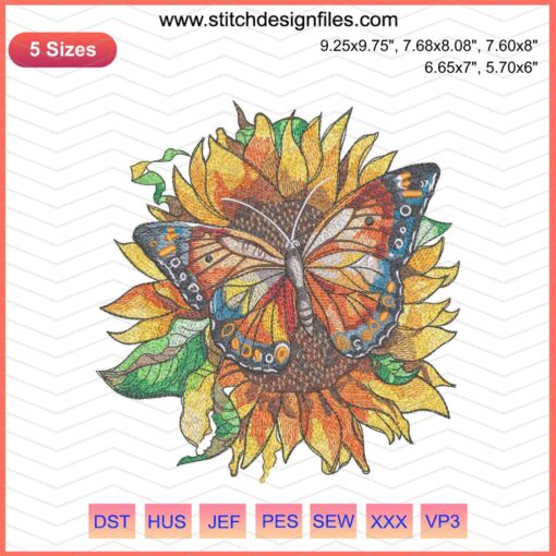 Sunflower Butterfly Embroidery Design, 5 Size Options, Instant Download - Vibrant floral pattern with butterfly, digital embroidery file.