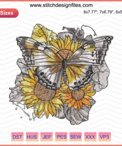 Sunflower Butterfly Embroidery Design - Colorful floral pattern with butterfly, available in 3 sizes for instant download.