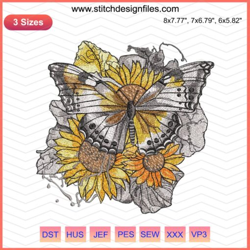 Sunflower Butterfly Embroidery Design - Colorful floral pattern with butterfly, available in 3 sizes for instant download.
