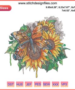 Sunflower Butterfly Embroidery Design Premium, 5 Sizes, Instant Download - Vibrant floral pattern with butterfly motif for stitches.