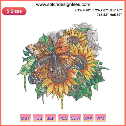 Sunflower Butterfly Embroidery Design Premium, 5 Sizes, Instant Download - Vibrant floral pattern with butterfly motif for stitches.