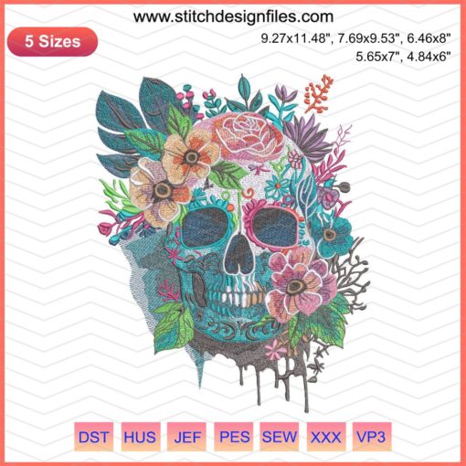 Colorful Sugar Skull Embroidery Design, Day of the Dead motif, 5 Sizes Available, Instant Download, Intricate Floral Patterns