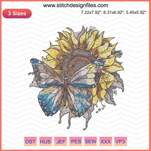 Sunflower Butterfly Embroidery Design, 3 Sizes, Instant Download, Colorful Floral Pattern, DIY Sewing, Home Decor, Craft Project